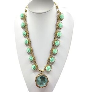 Chunky Mint Flower Statement Necklace Geode Pendant Rose Floral Cottagecore